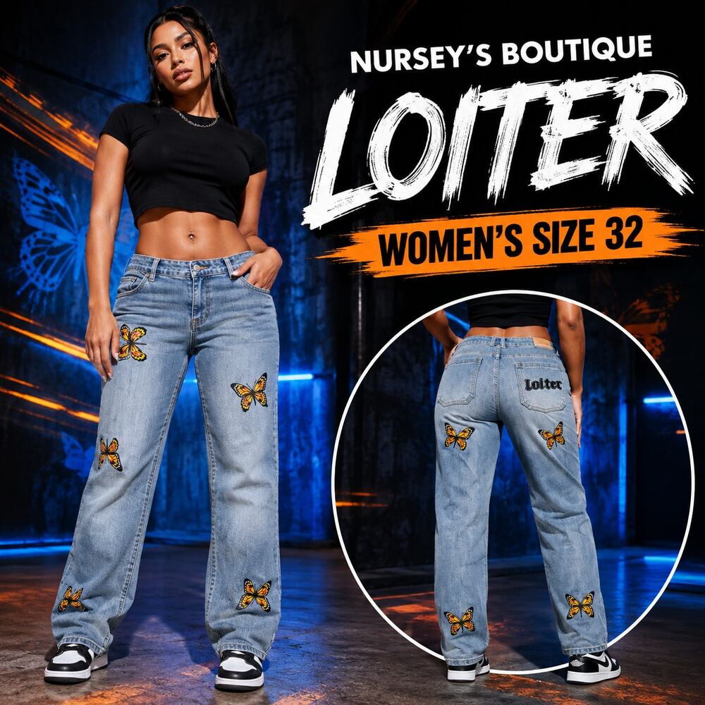 Loiter Butterfly Jeans Men’s 32 Light Wash Stretch Straight Leg Y2K